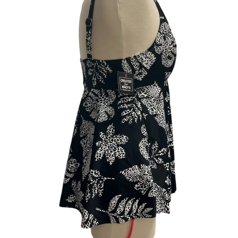 Swim Solutions Empire Waist‎ Tummy Control Spotted Leaf Black Swim Dress Large - Image 3