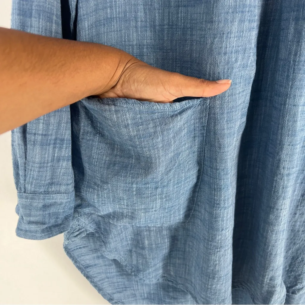 Seafolly Boyfriend Beach Shirt Blue Chambray Lightweight Roll Tab Sleeves V-Neck - Image 7