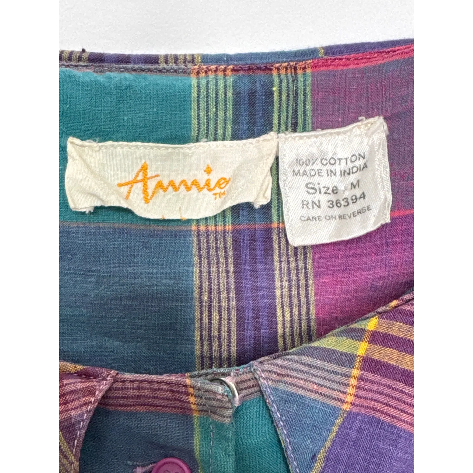 Vintage 80s Annie Plaid Maxi Dress Oversized Collar Cotton Cottagecore Medium - Image 11