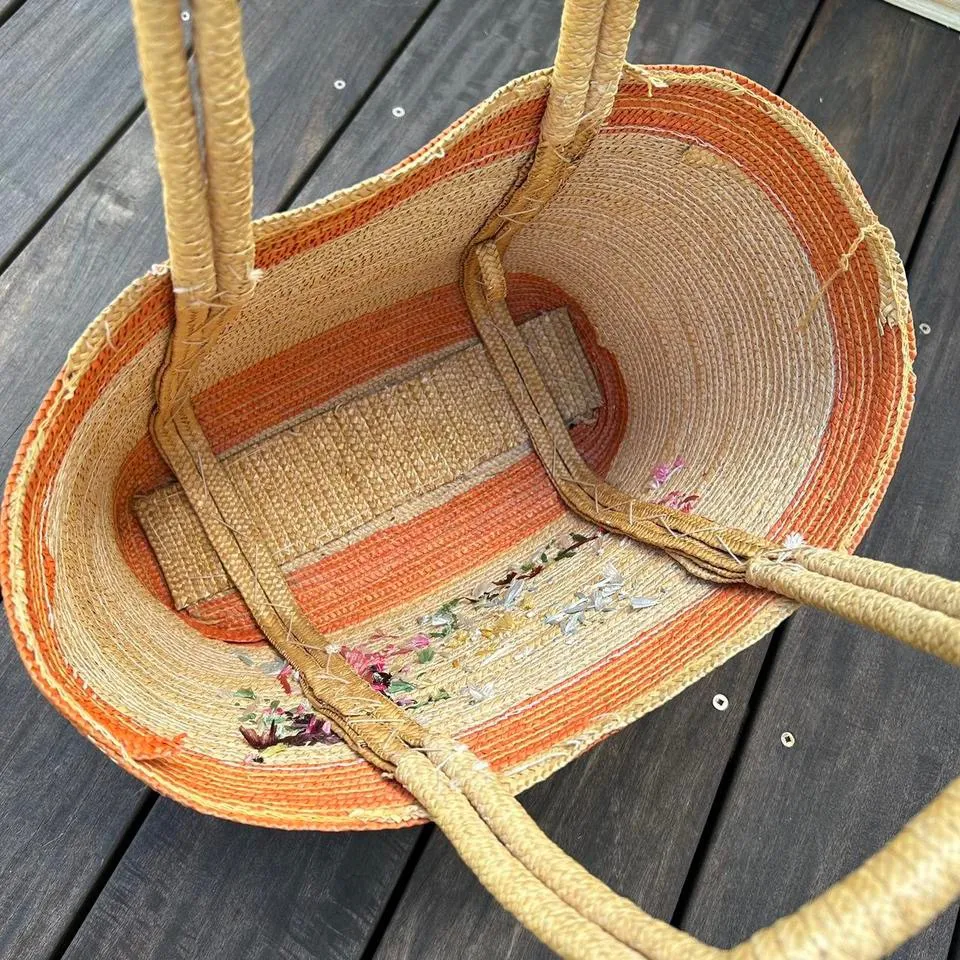 Vintage Orange/Yellow Floral Weaved Basket Straw Tote Bag  Purse - Image 5