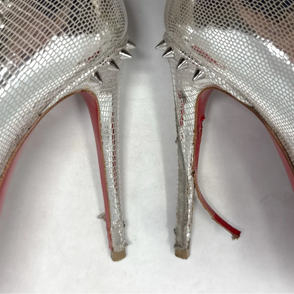 Christian Louboutin Anjalina 100 Spike Stud Trim Chrome Pointed Toe Pumps Heels - Image 8