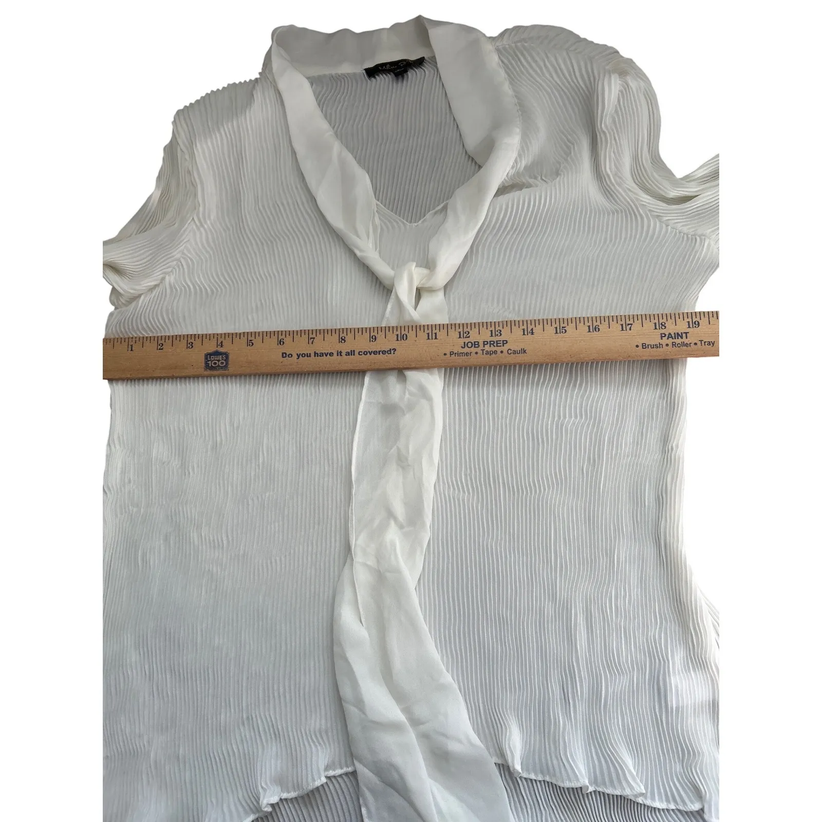 Melissa Paige Pleated Tie Neck Blouse Shirt Ivory Long Sleeve Size L Fairy - Image 7