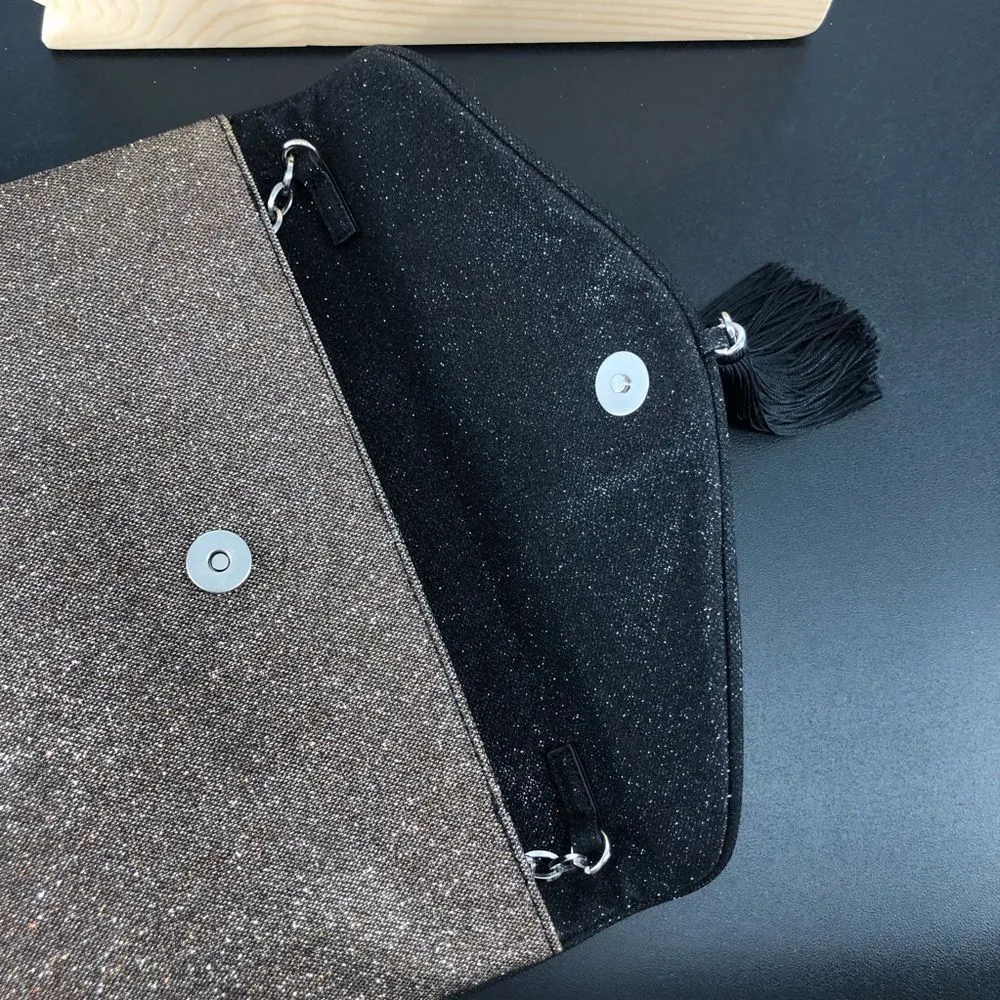 MNG Mango Shimmery Gold Black Envelope Tassel Convertible Clutch - Image 9