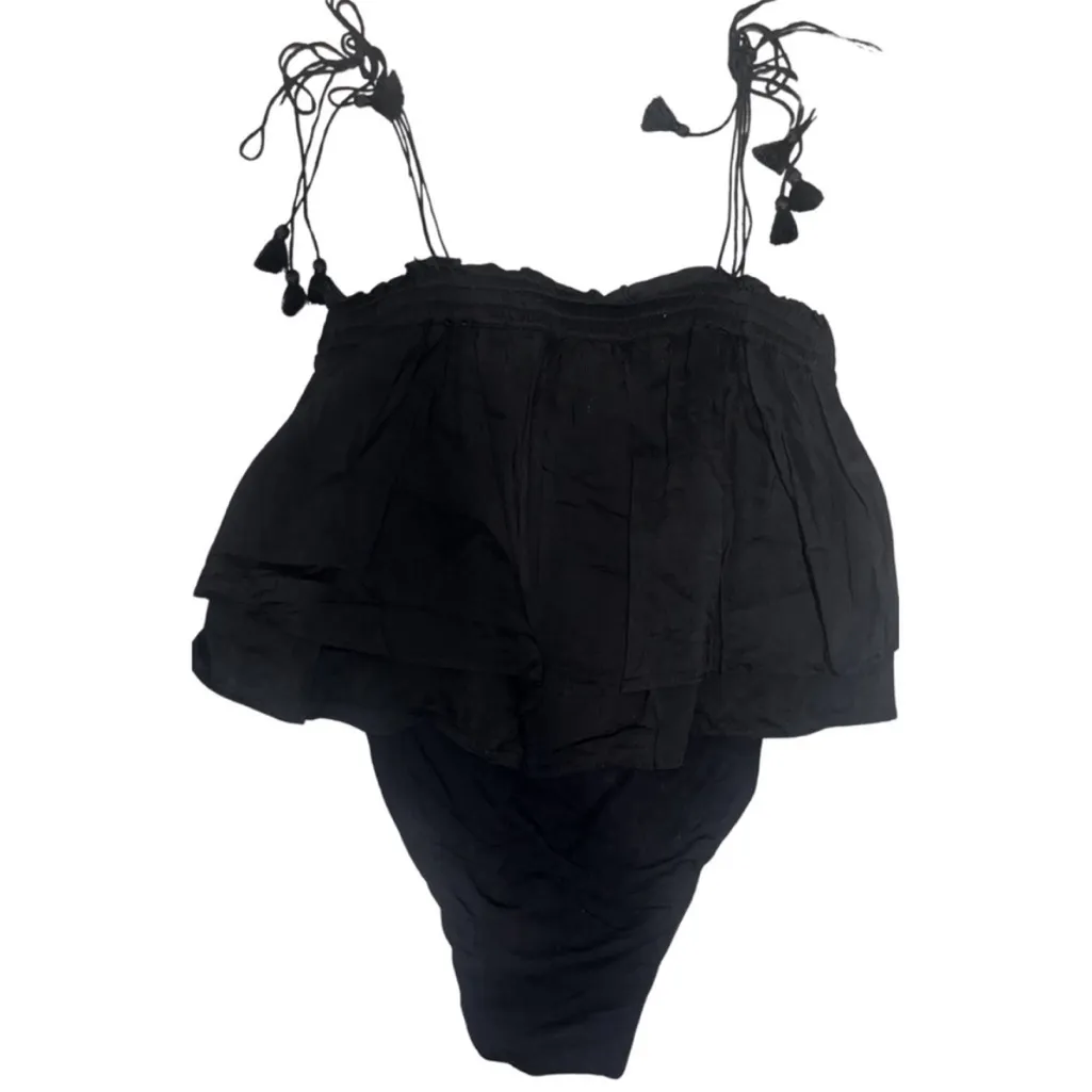 Free People Black Trust Me Bodysuit By Intimately Playsuit Ruffle Tassel Sz Sm - Image 2