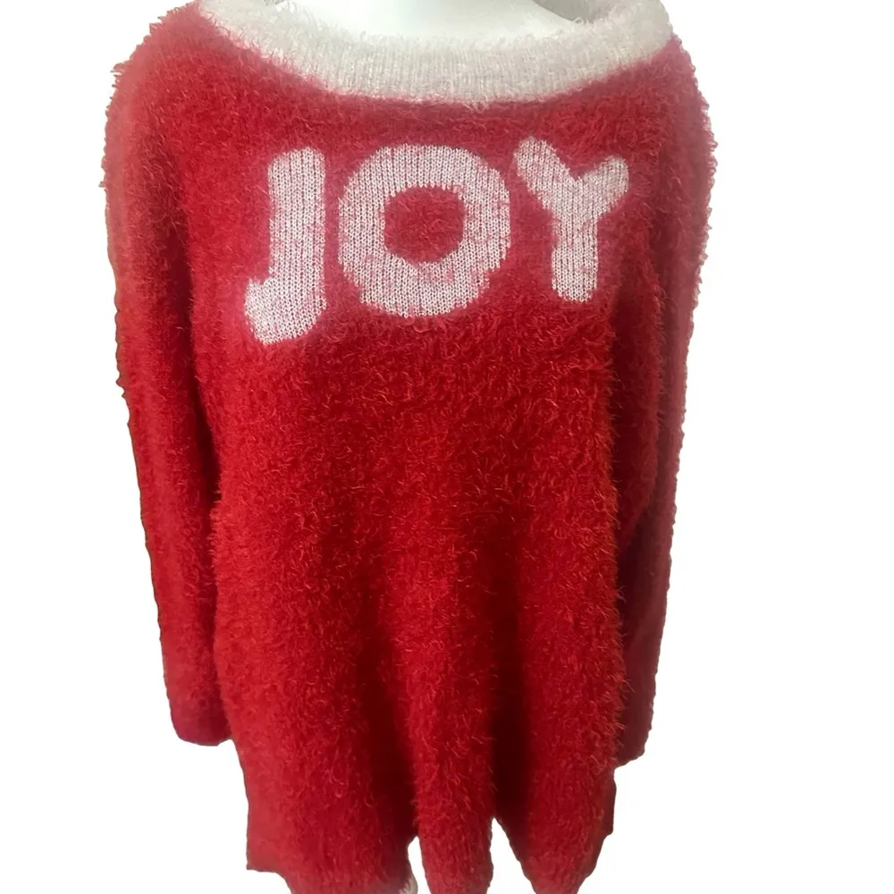 Womens Plus 3X Joy Red Fuzzy Crew Sweater Christmas Holiday Party Cozy Dopamine - Image 2