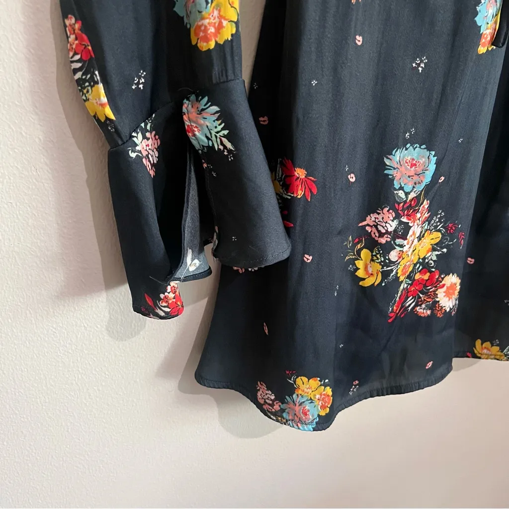 Free People Midnight Navy Silky Mini Dress Floral Long Sleeve Size S - Image 3