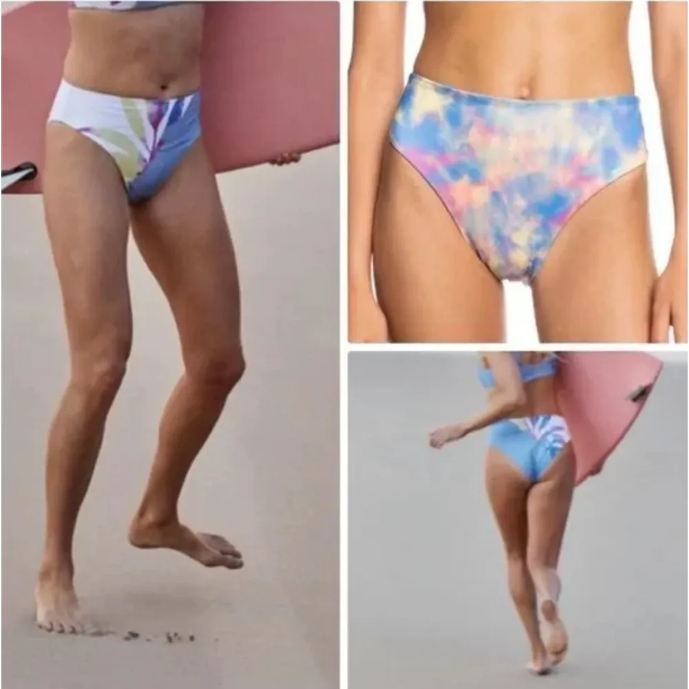 Roxy Women's Pop Surf Reversible Mid Waist Bikini Bottom Blue Tie Dye Beach - Image 2