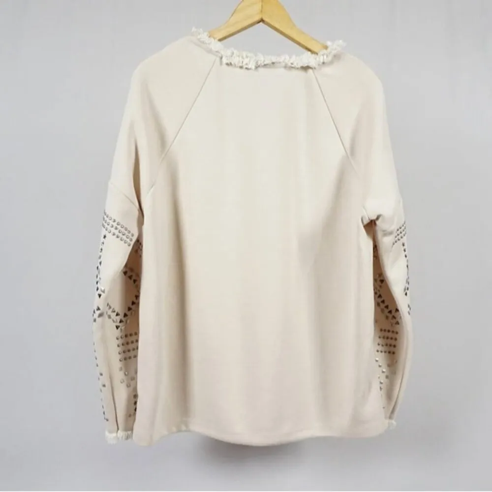 NANETTE LEPORE Fringe Trim Studded Sleeves Pullover Sweater Size Large Natural - Image 2
