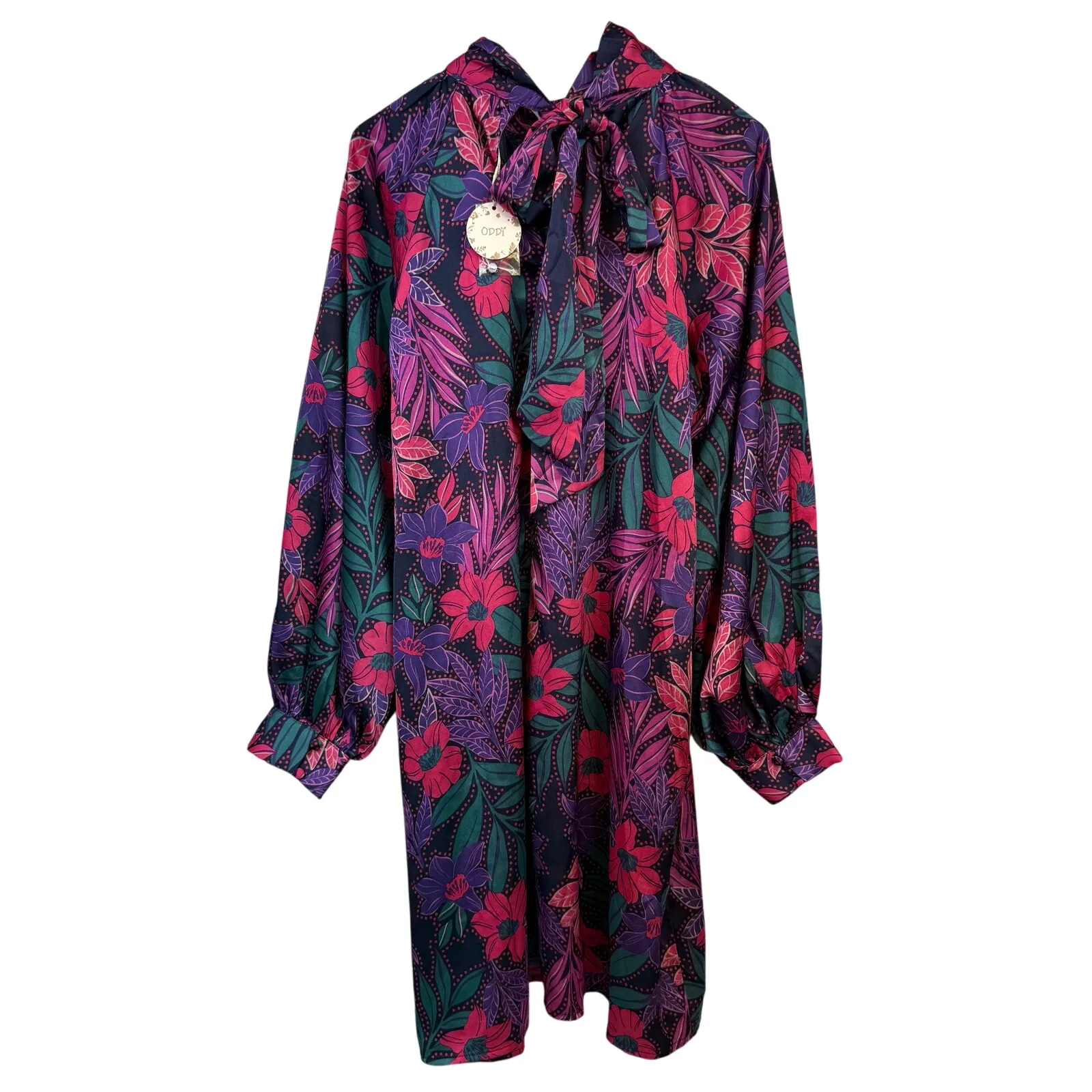 Magenta Dark Floral Flow Satin Dress ODDY Small Long Sleeve Short High Neckline Purple - Image 7