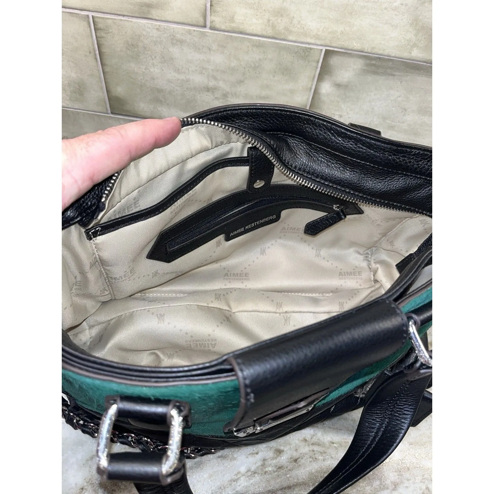 Aimee Kestenberg Emerald Green Calf Hair & Black Leather Crossbody Purse ToteNEW - Image 7