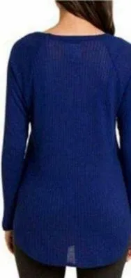 Royal Sapphire Electric Blue Waffle Knit Thermal Long Sleeve Raw Hem Shirt - Image 2