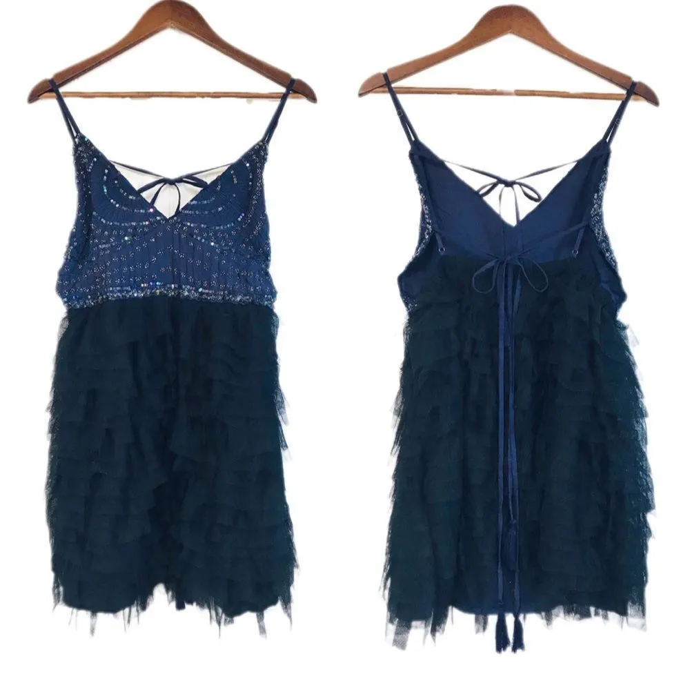 FREE PEOPLE Tulle Flutter Mini Dress Beaded Backless Navy Black Size‎ Large New - Image 3