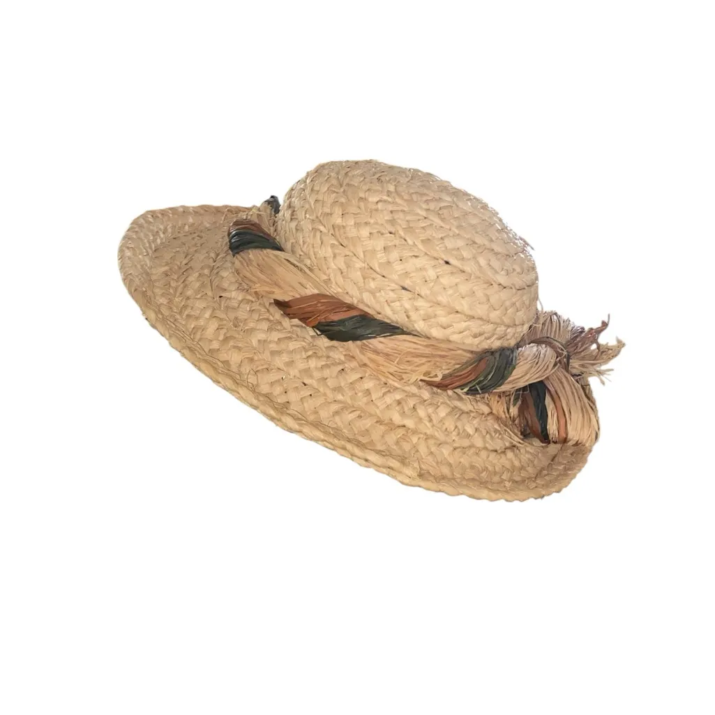 Vintage Tan Straw Hat Multicolor Band straw bow cottagecore gardening sun hat - Image 6