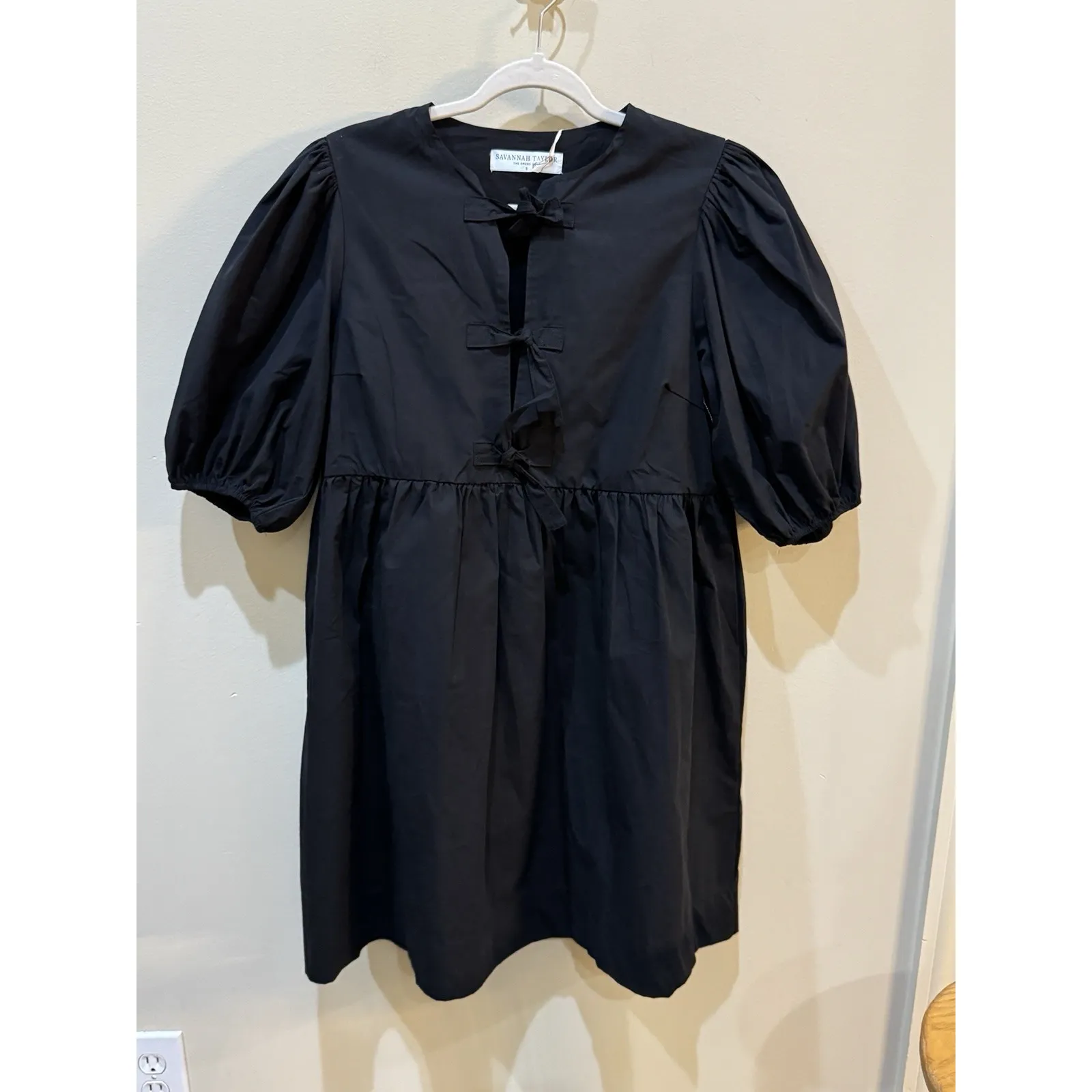 Savannah Taylor Cotton Poplin Babydoll Puff Sleeve Mini Dress Kimono Closer Black - Image 5