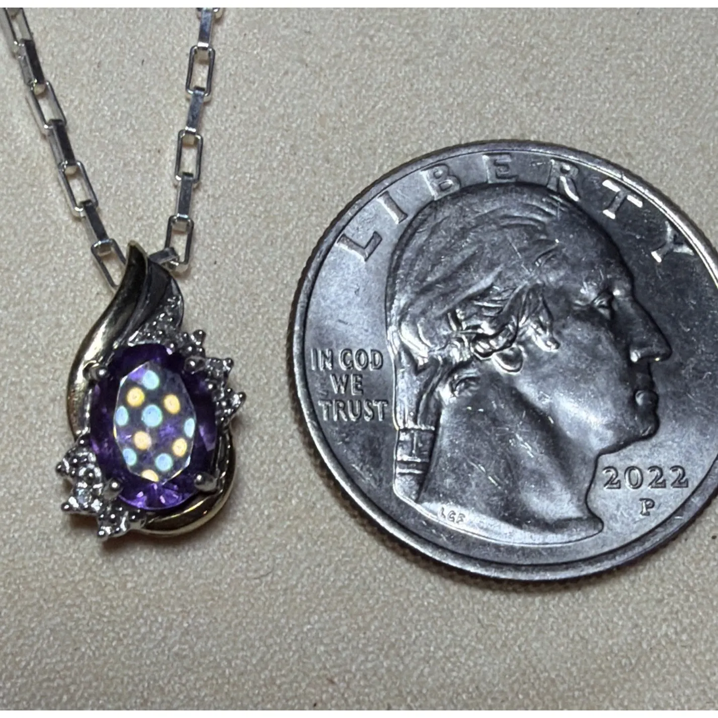 Amethyst and Diamond 10k Gold And 925 Pendant With 20" 925 Paper Clip Necklace Purple - Image 7