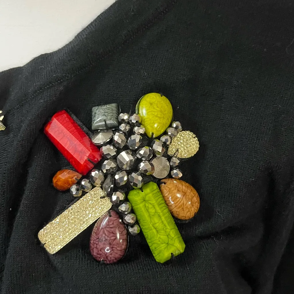 August Silk Black Cardigan Knitwear with attached elegant brooch sparkle buttons - Image 4