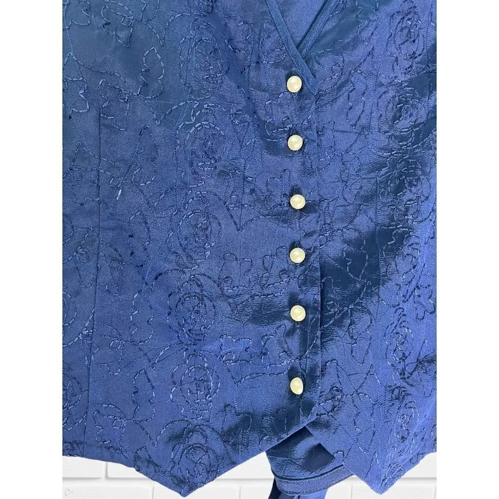 VTG Victorias Secret Women's PJ Set Sz Large Gold Label Blue Embroidered Vest‎ - Image 6