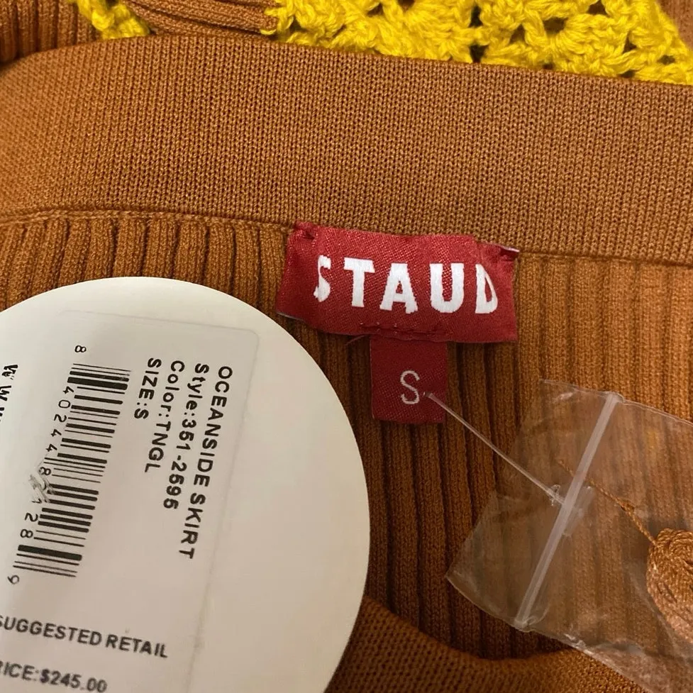 NEW Staud Oceanside Tan Gold Ribbed Knit Lace Pull On Slit Midi Skirt Size S - Image 5