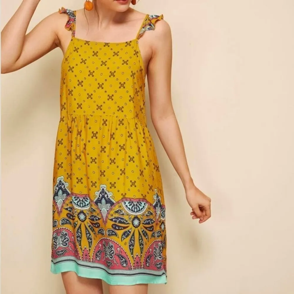 Shein Burnt Yellow Patterned Bohemian Dress (S) - Image 4