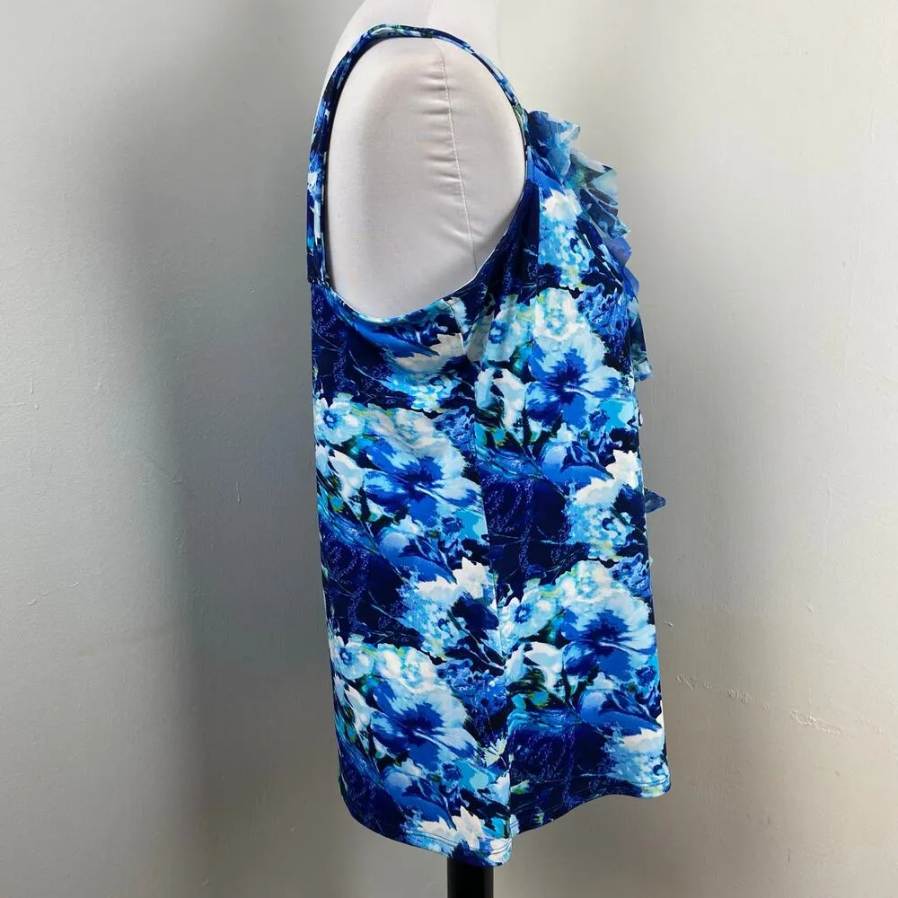 White House Black Market Blue Abstract Ruffle Tank Top Sleeveless Blouse XL - Image 3