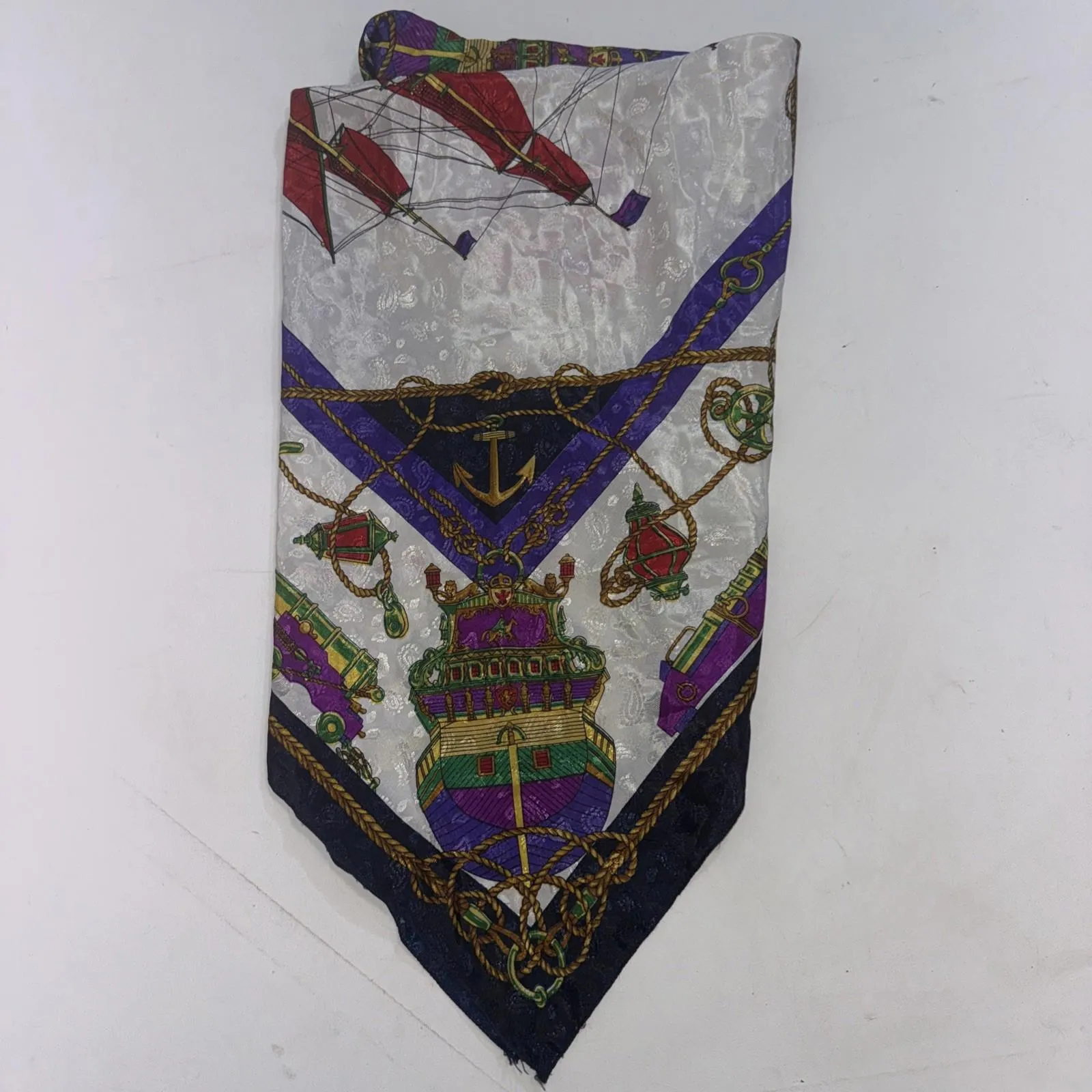 Vintage Nautical Sailboat Flags Chain Print Blue Gold Silk Square Royal Scarf Red - Image 10