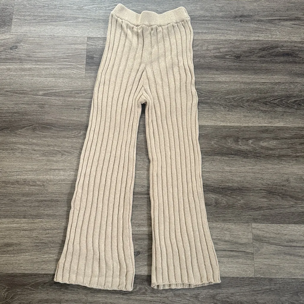 Free People Beach Knit Wide Leg Pants in Oatmeal High Rise Ribbed chunky - Image 3