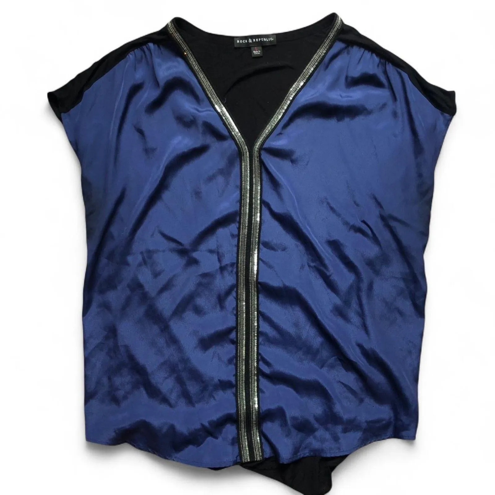 Rock & Republic Beaded V-Neck Tee, Black & Blue Contrast, Size L - Image 1