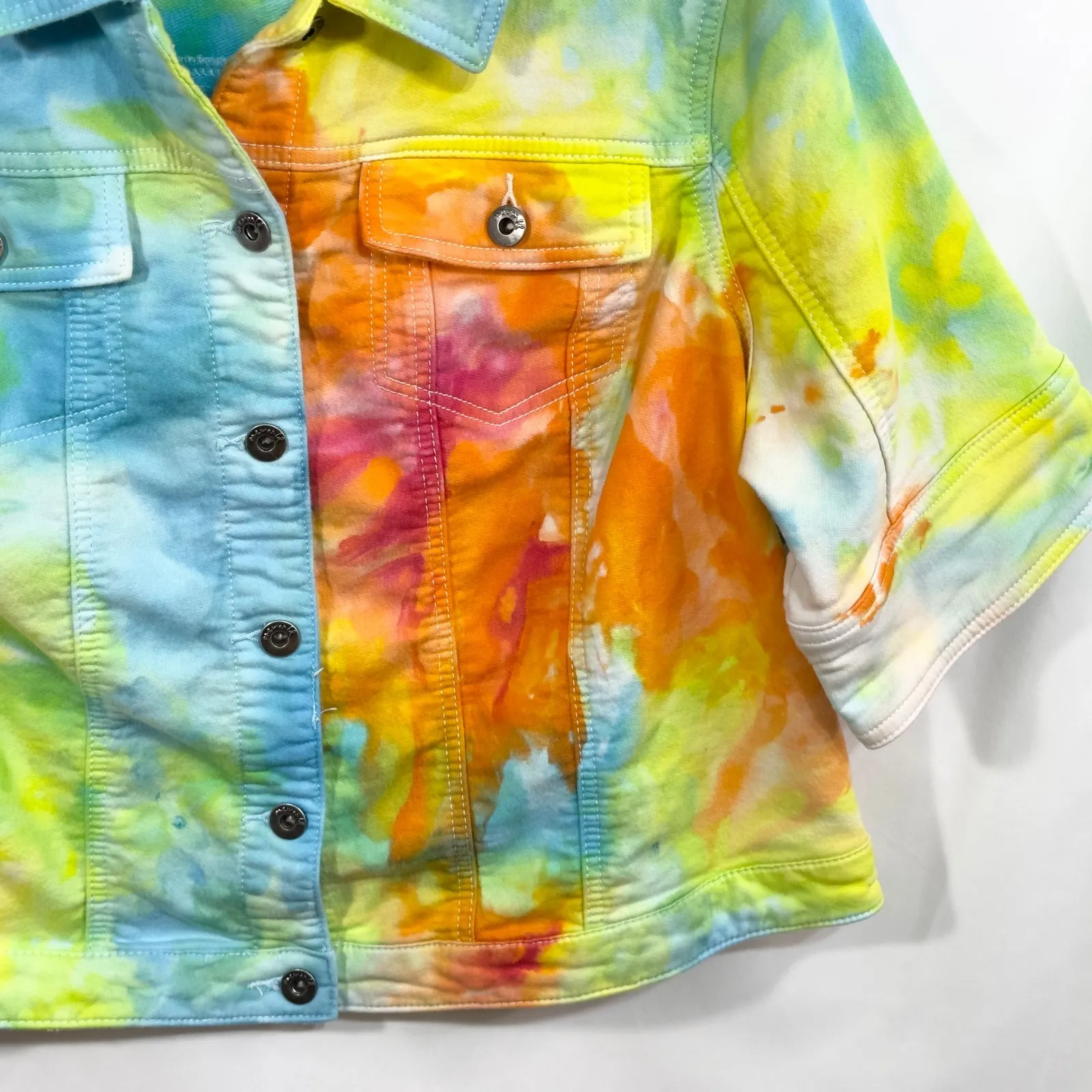 One World XXL Jacket Handmade Tie Dye Cropped Short Sleeve Rainbow Denim 185 - Image 6