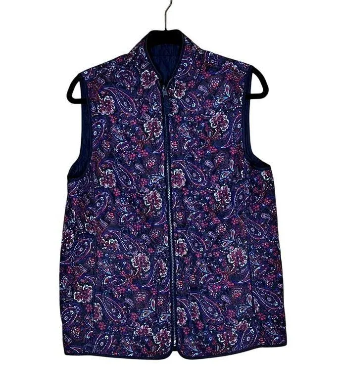 Talbots womens size L vest reversible navy/purple paisley zip-up pockets - Image 2