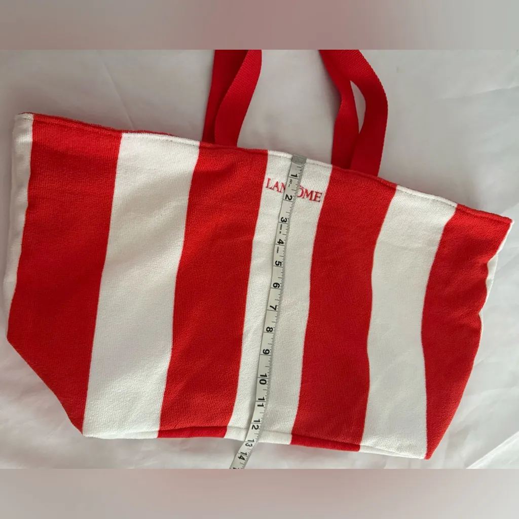 Lancome Beach Towel Tote Bag Red/Orange White Large Striped Overnight Bag Red - Image 7