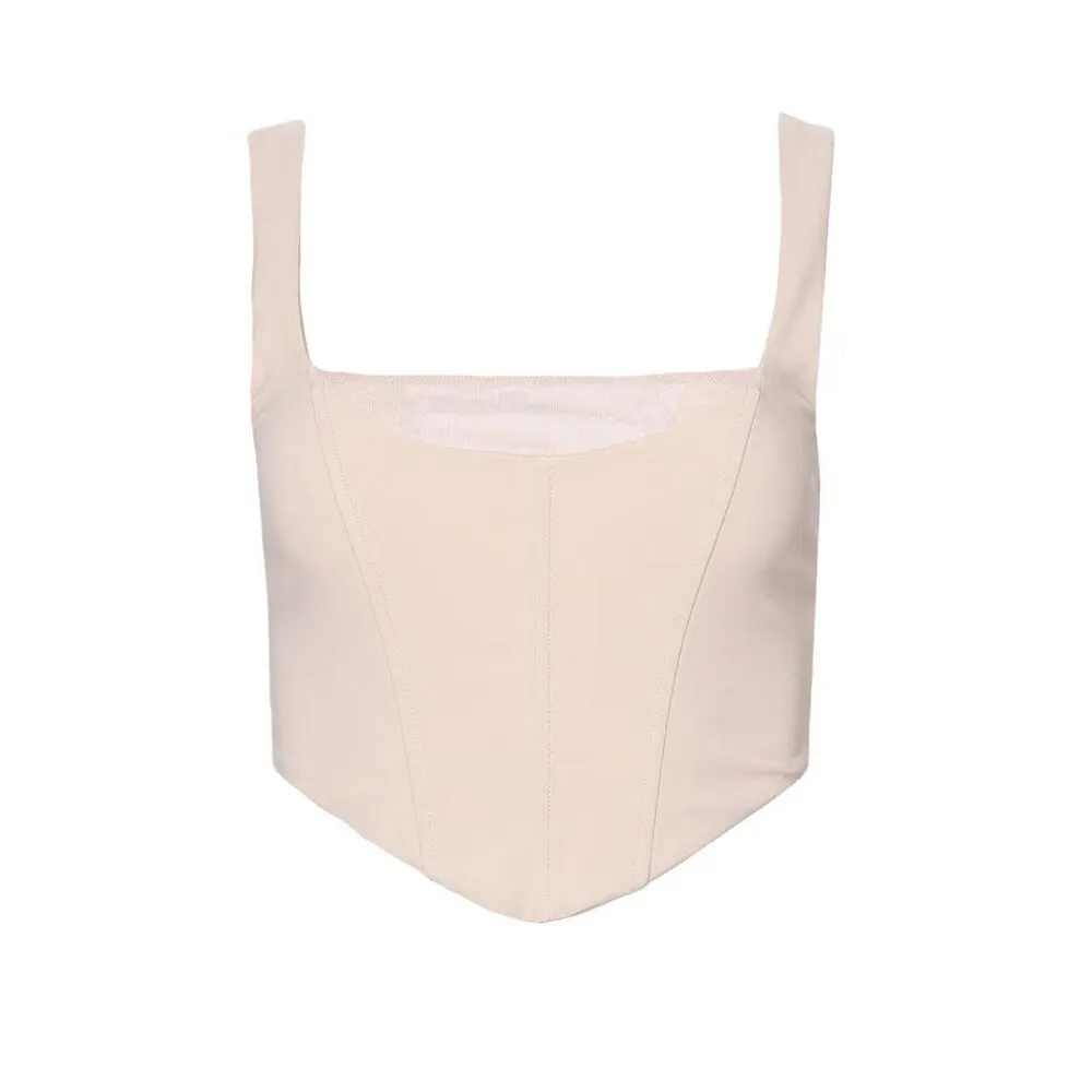 Mesh Square Neckline Back Zip Nude Boning Bodice V Hem Corset Top XS - Image 2