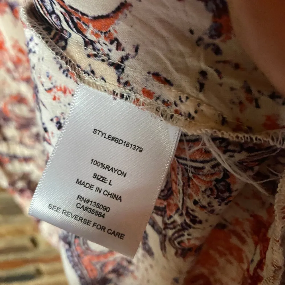 Black Swan Multicolored Print 3/4 Sleeve Mini Tassel Tie Dress Womens Size Large - Image 5