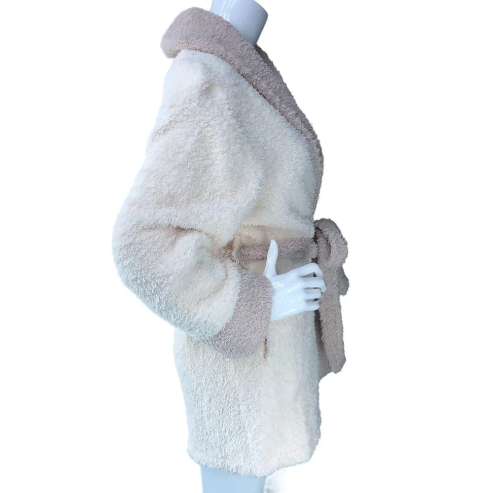 Barefoot Dreams  Womens Size 1 Cozychic Two Tone Cream Brown Short Robe Style 549 - Image 7