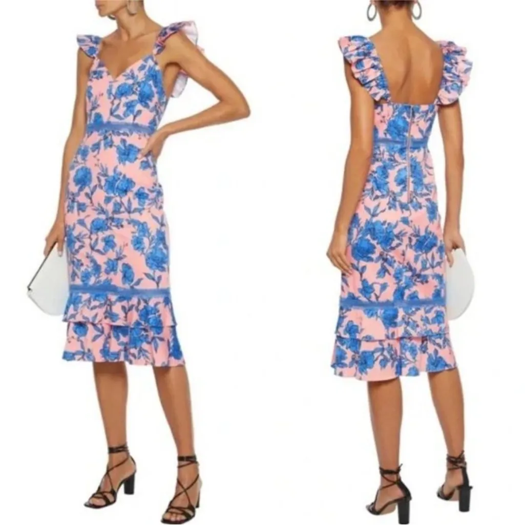 Alice + Olivia Jade Ruffled Floral Midi Dress Coral Blue Lace Illusion Size 12 - Image 2