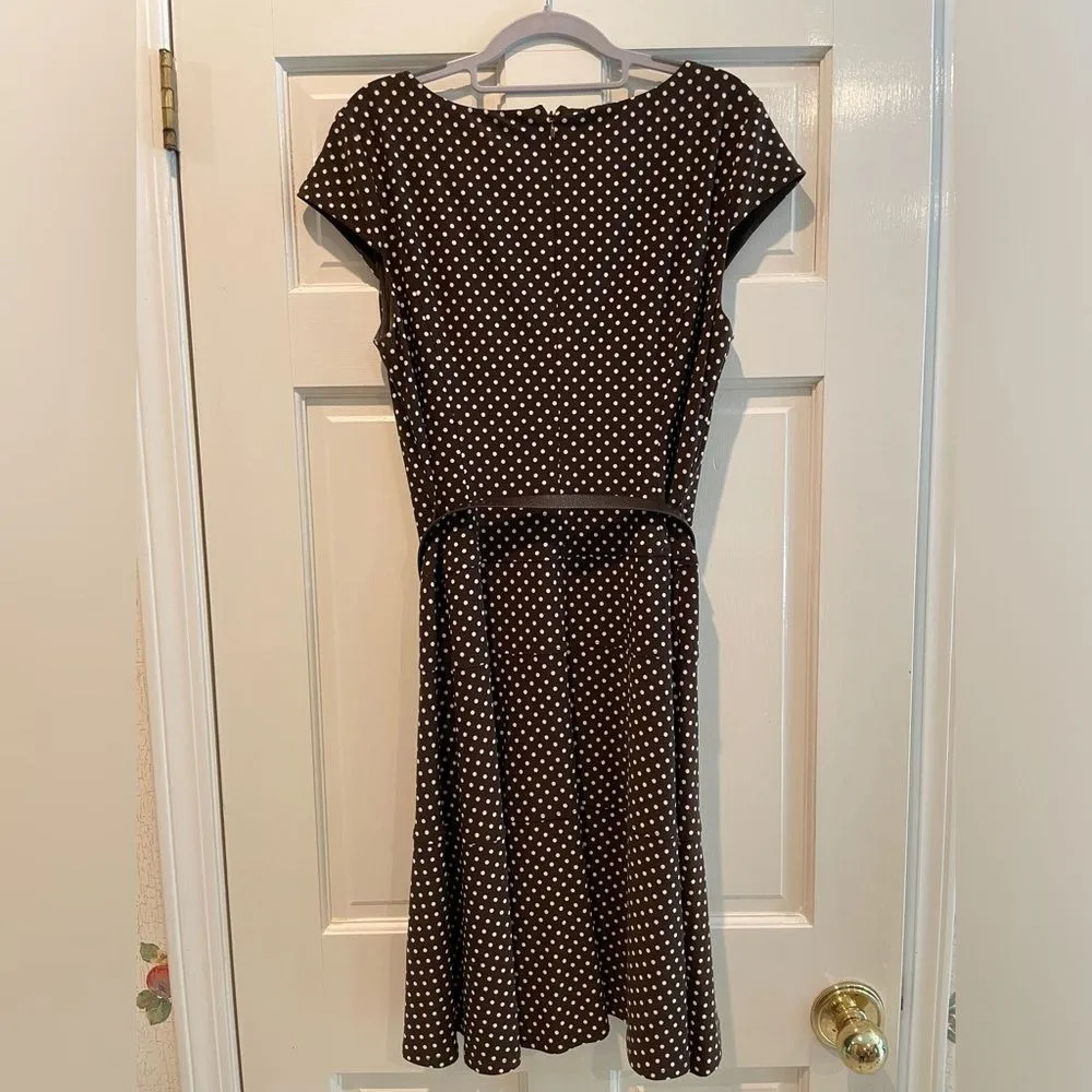 Anne Klein Polka Dot Belted Midi Dress Brown & White Size‎ 12 - Image 4