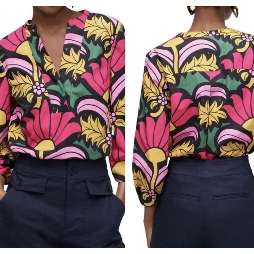 J. Crew Womens Open V-Neck Cotton Floral Poplin Top Size Small Vacation Colorful - Image 2