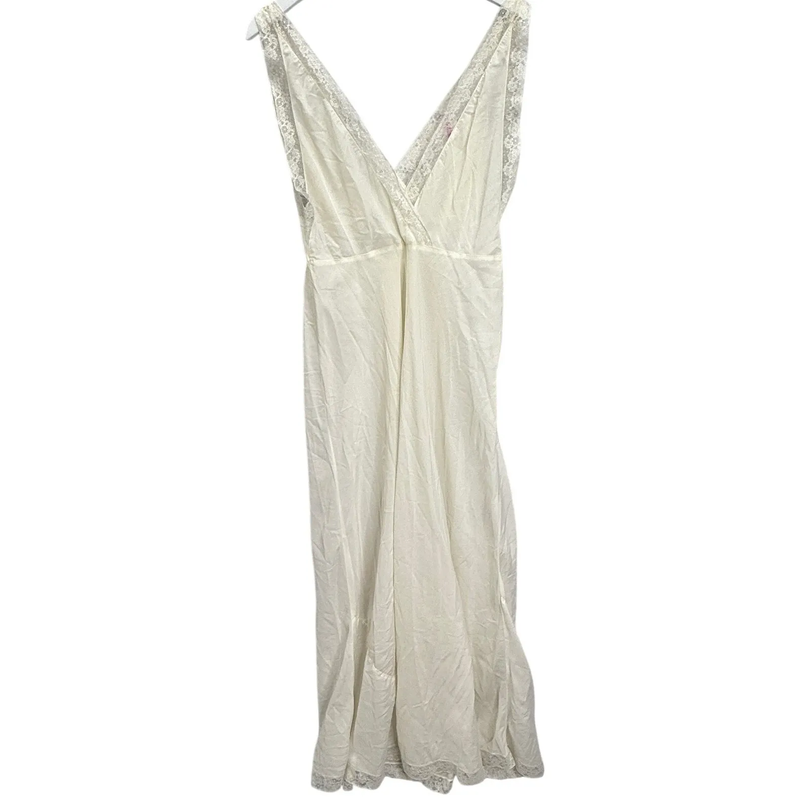 Vintage Ivory White Maxi Nightgown Size M Semi Sheer Lace Empire Waist Nylon Size M - Image 6