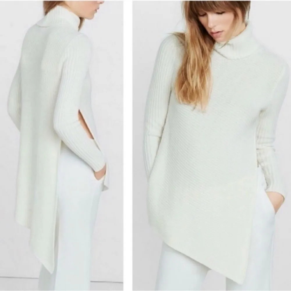 EXPRESS  Ribbed Asymmetrical Hem Split Side Long Sweater Cream Large Turtle Neck - Image 3