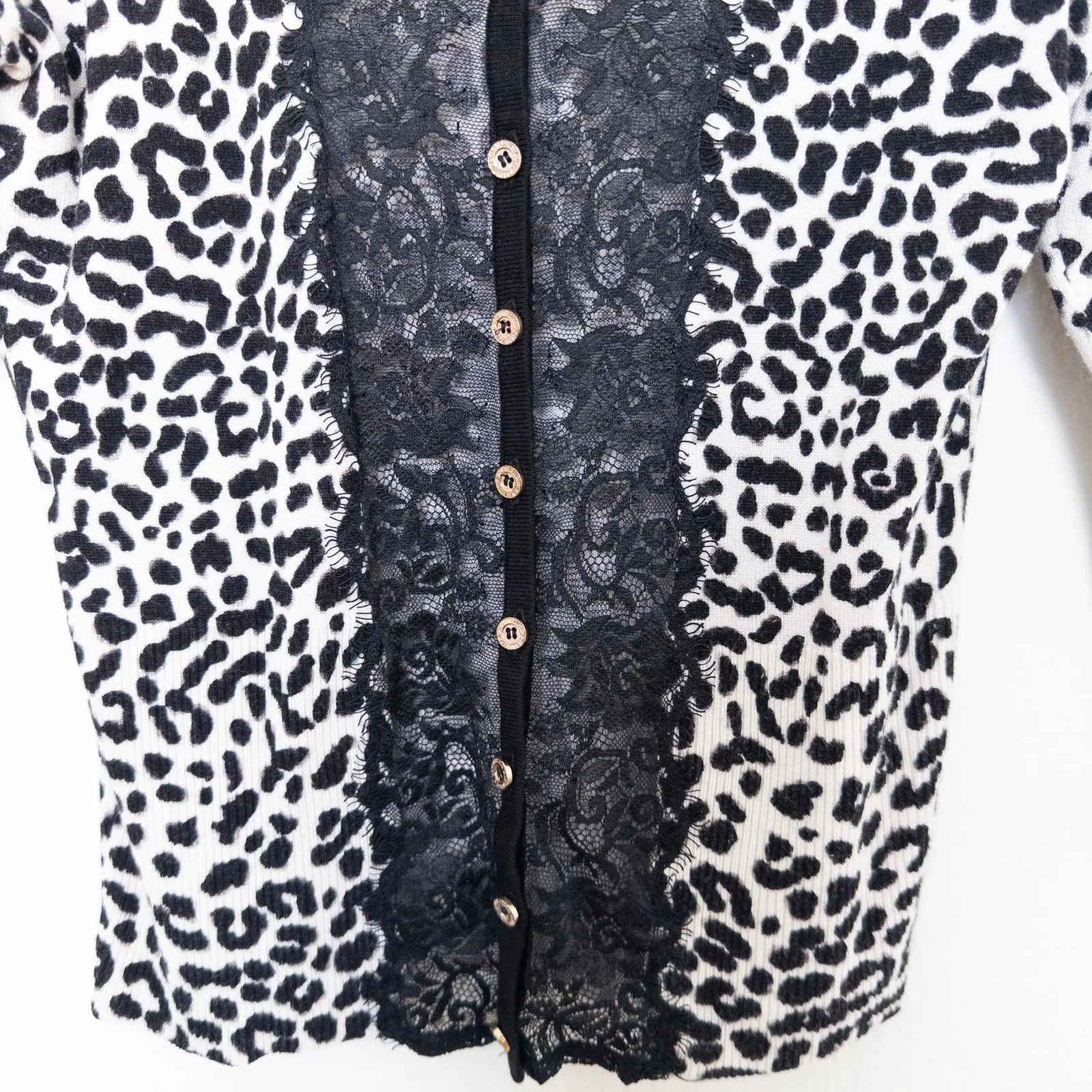 WHBM Womens Cardigan Size XS Black White Lace Animal Print Y2K Mob Wife Coquette - Image 3