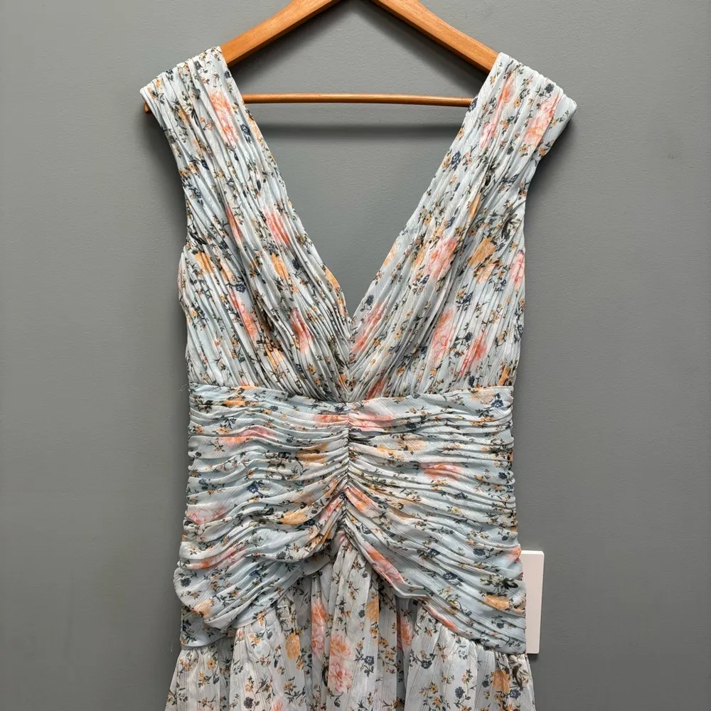 IEENA For MAC DUGGAL Floral Print Ruched Cap Sleeve High Low Gown 6 - Image 3