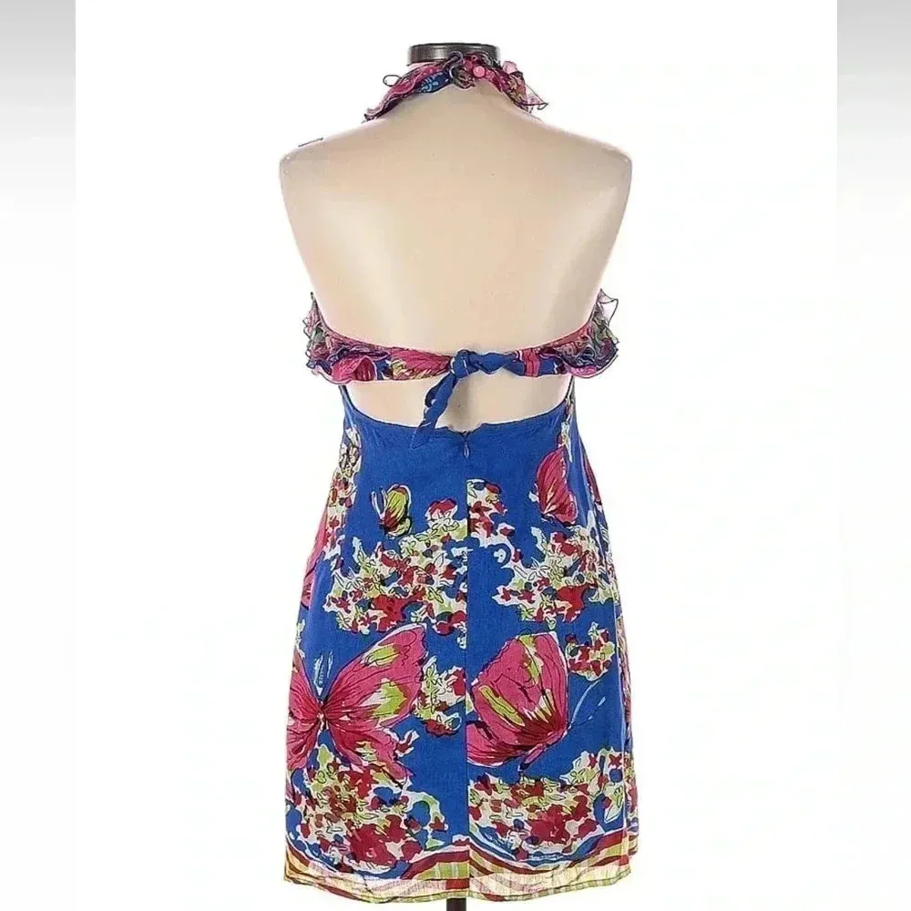 Nanette Lepore Blue Floral Butterfly Silk & Linen Halter Cocktail Dress Size 4 - Image 2
