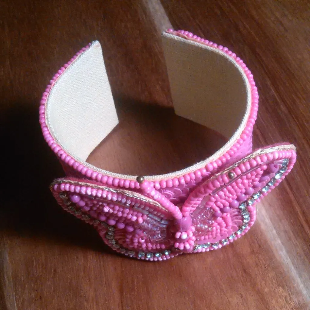 Handcrafted Fushsia Seed Beaded Butterfly Cuff Bracelet - Image 6