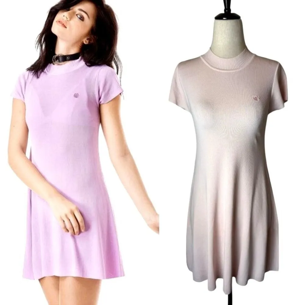 UNIF Dress Women Small Pink‎ Knit Mock Neck Short Sleeve Fit And Flare Mini - Image 2