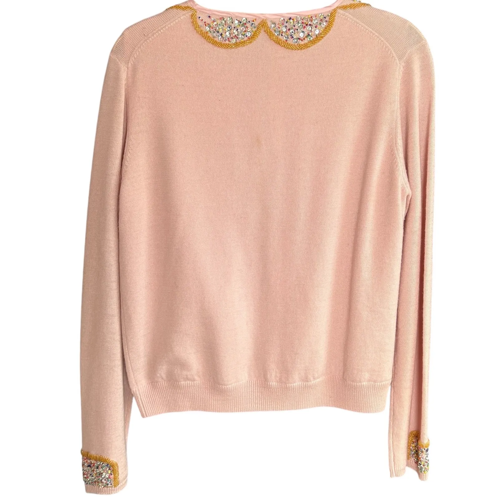 Marc Jacobs Pink Beaded Wool‎ Peter Pan Collar Cardigan Sweater Women's Size L - Image 3