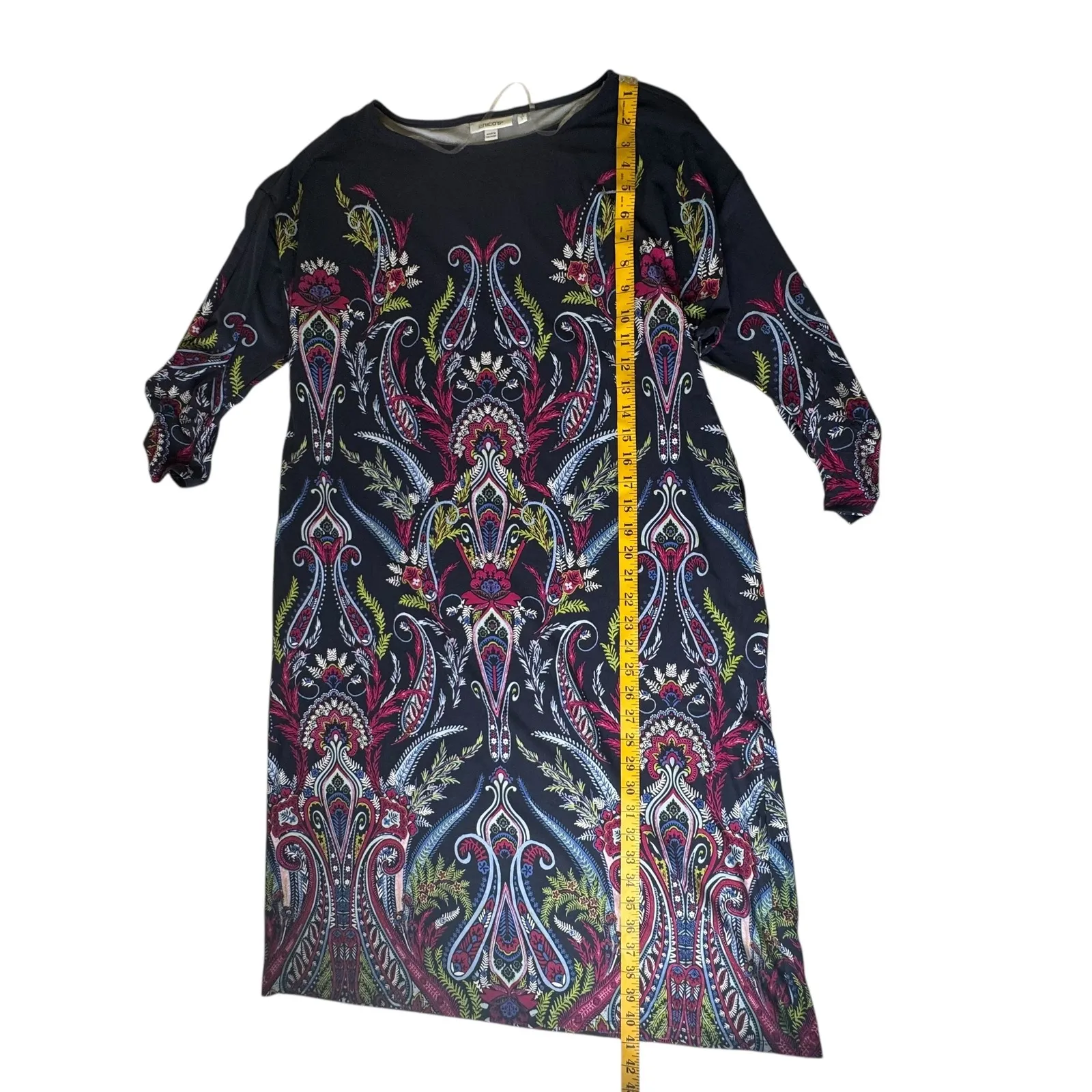 Chicos Ruched Sleeve Midi Dress Size 2 Large Multi Paisley Floral Stretch Office - Image 11