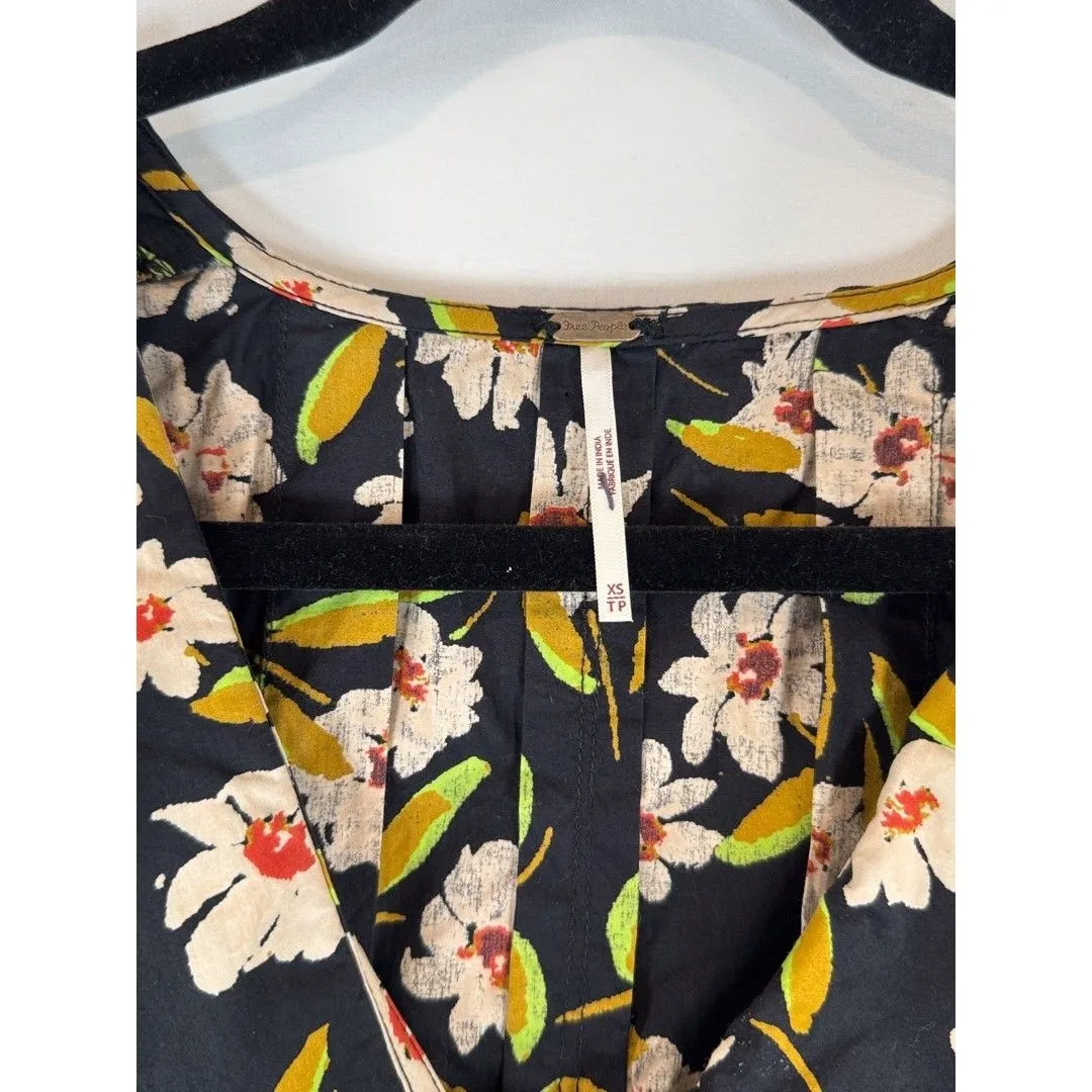 Free People Women Top Black Charlie Button Down Tunic Floral Long Sleeve Boho XS - Image 4