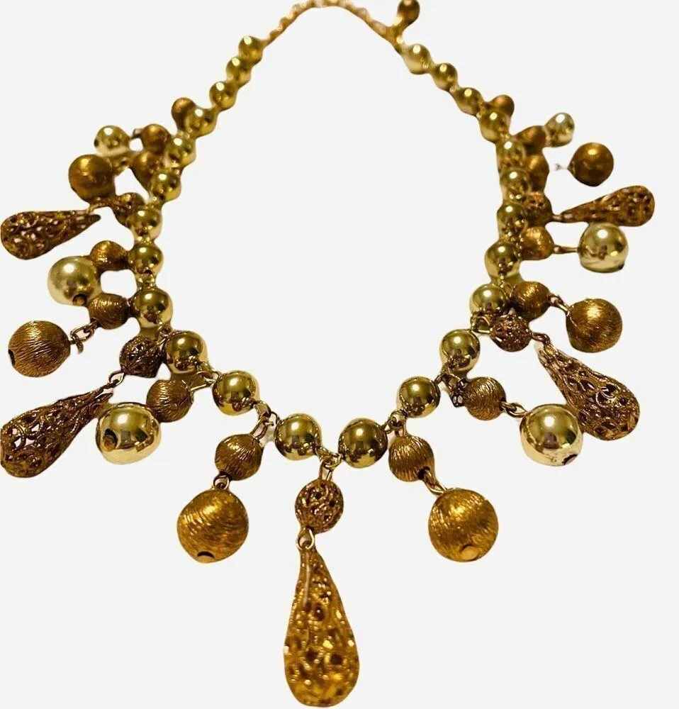 Vintage 50s Lisner Gold Tone Etruscan Revival Dangling Filgree Choker Necklace - Image 9