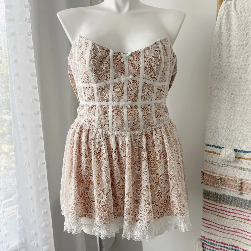For Love & Lemons Jelena White Tan Lace Strapless Mini Dress Women’s Size Medium - Image 3