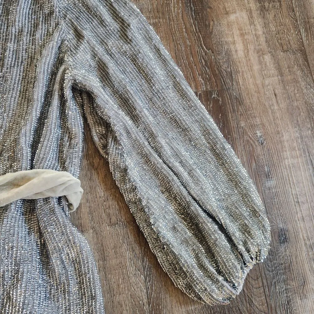 Retrofete Gabrielle Robe Sequin Dress in Silver Size Small Belt Long Sleeve - Image 7