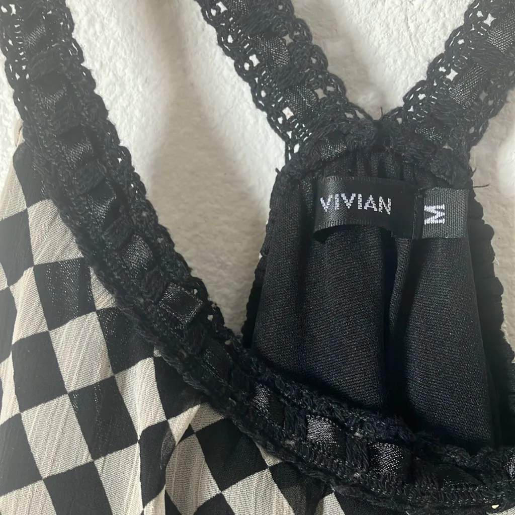 FINAL MARKDOWN Vivian Checkered Women's lined RACERBACK Top medium Black - Image 4